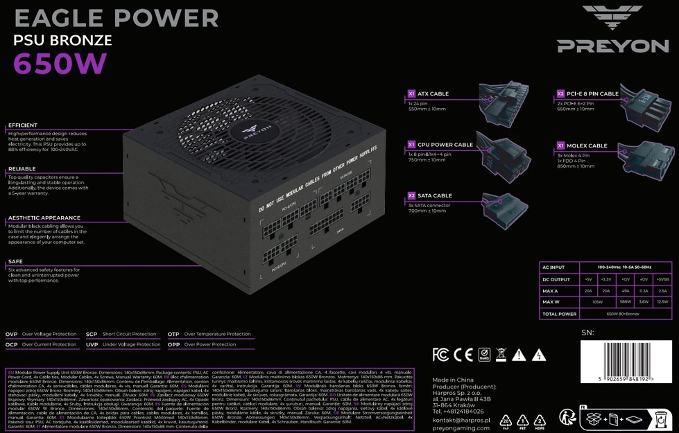 PREYON Eagle Power Bronze 650W (PEPB650W) maitinimo šaltinis