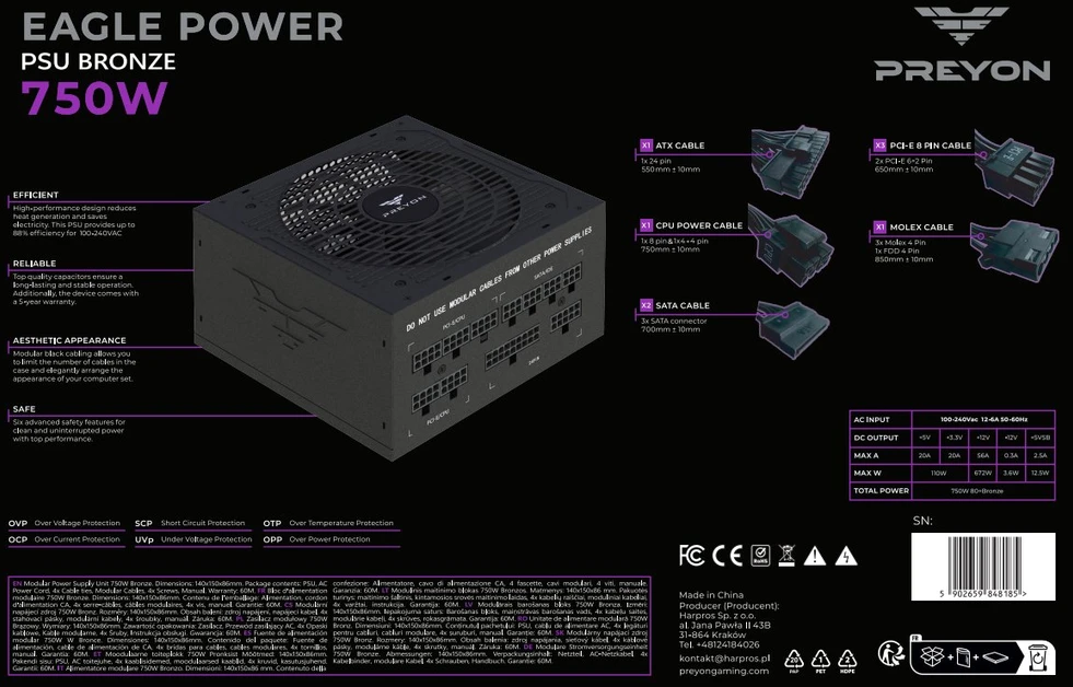 PREYON Eagle Power Bronze 750W maitinimo šaltinis (PEPB750W)