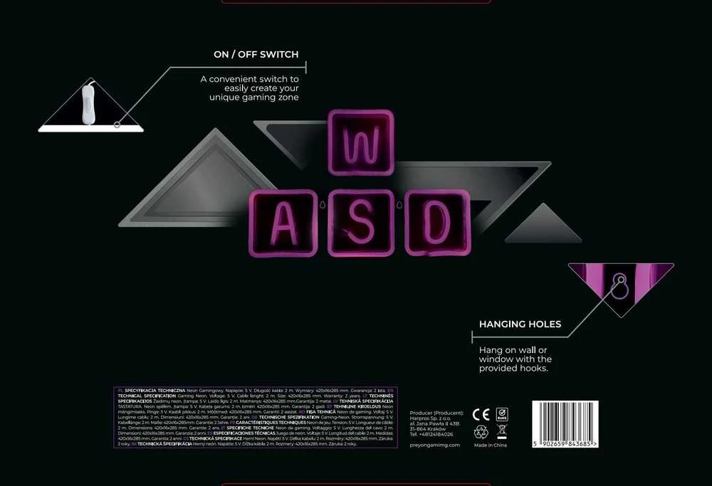 PREYON Neon gamingowy LED ścienny WASD Violetinė Eye Bait (PBEB28WD)
