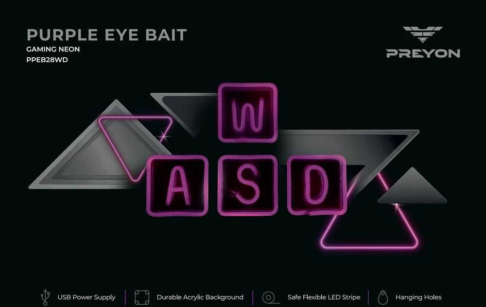 PREYON Neon gamingowy LED ścienny WASD Violetinė Eye Bait (PBEB28WD)