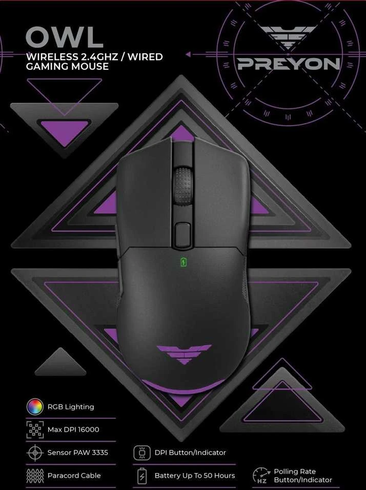 PREYON Owl belaidė žaidimų pelė| 16000 DPI
