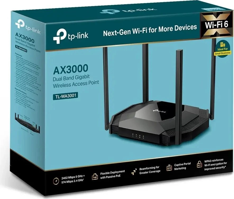 Maršrutizatorius TP-Link Wi-Fi 6 prieigos taškas AX3000 su 2,5G LAN, PoE ir 4 antenomis TL-WA3001