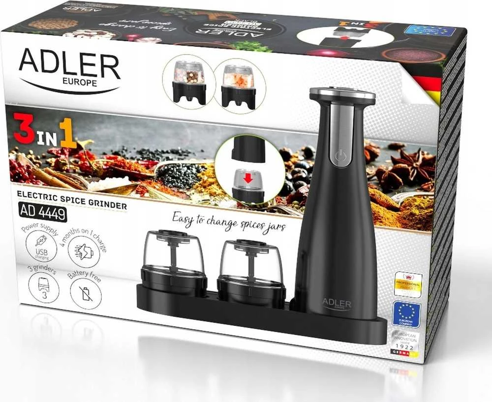 Adler | Elektrinis druskos ir pipirų malūnėlis | AD 4449w | Korpuso medžiaga ABS plastikas | 7 W | Ličio | Matinis baltas