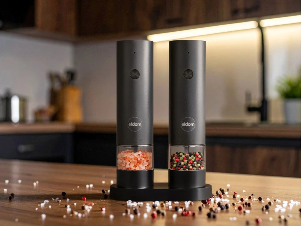 ELDOM ZMP5 BATTERY-POWERED PEPPER AND SALT GRINDER SET WITH STAND, Juodas