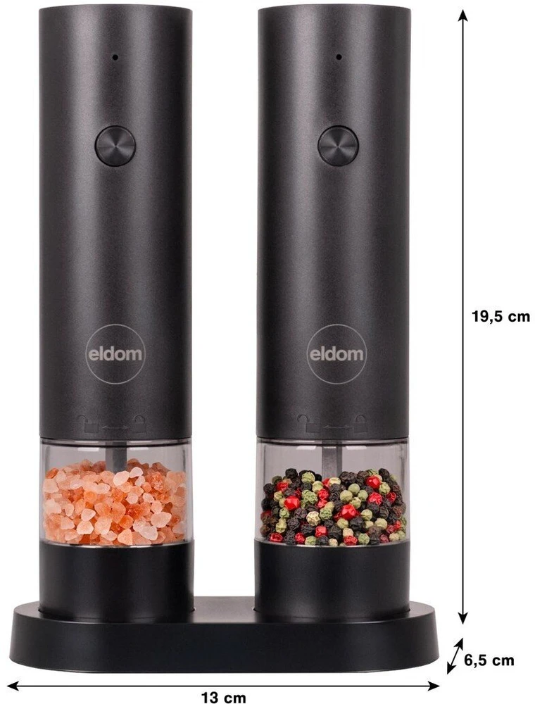 ELDOM ZMP5 BATTERY-POWERED PEPPER AND SALT GRINDER SET WITH STAND, Juodas