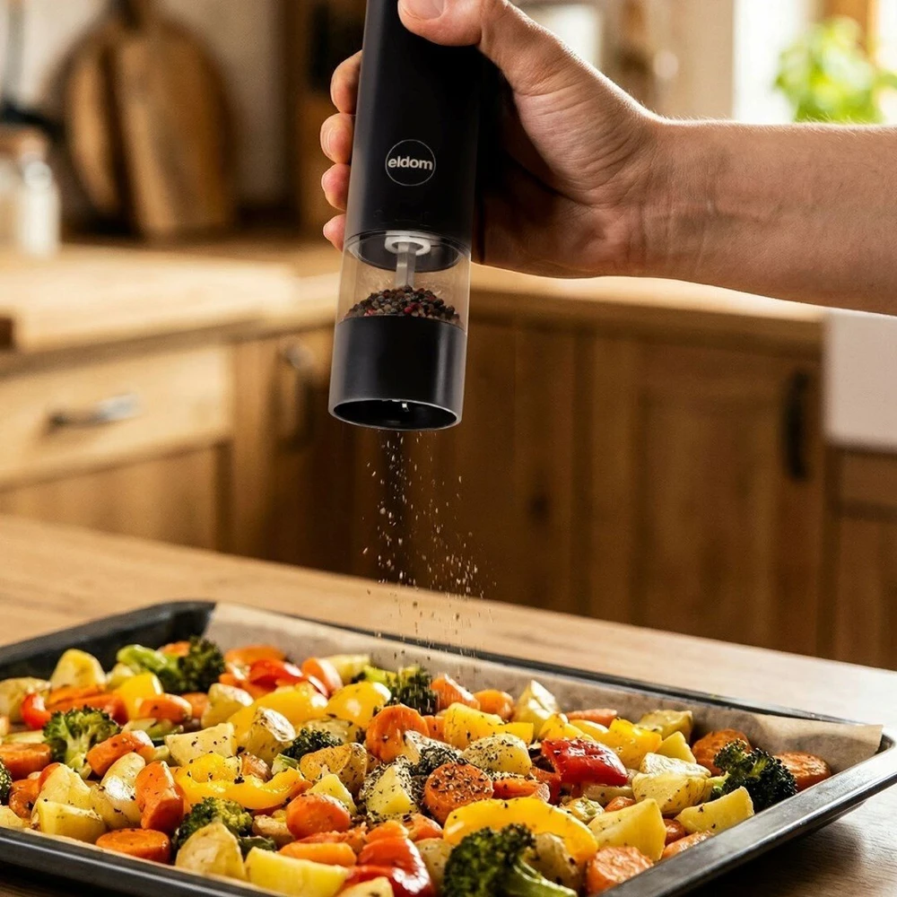 ELDOM ZMP5 BATTERY-POWERED PEPPER AND SALT GRINDER SET WITH STAND, Juodas
