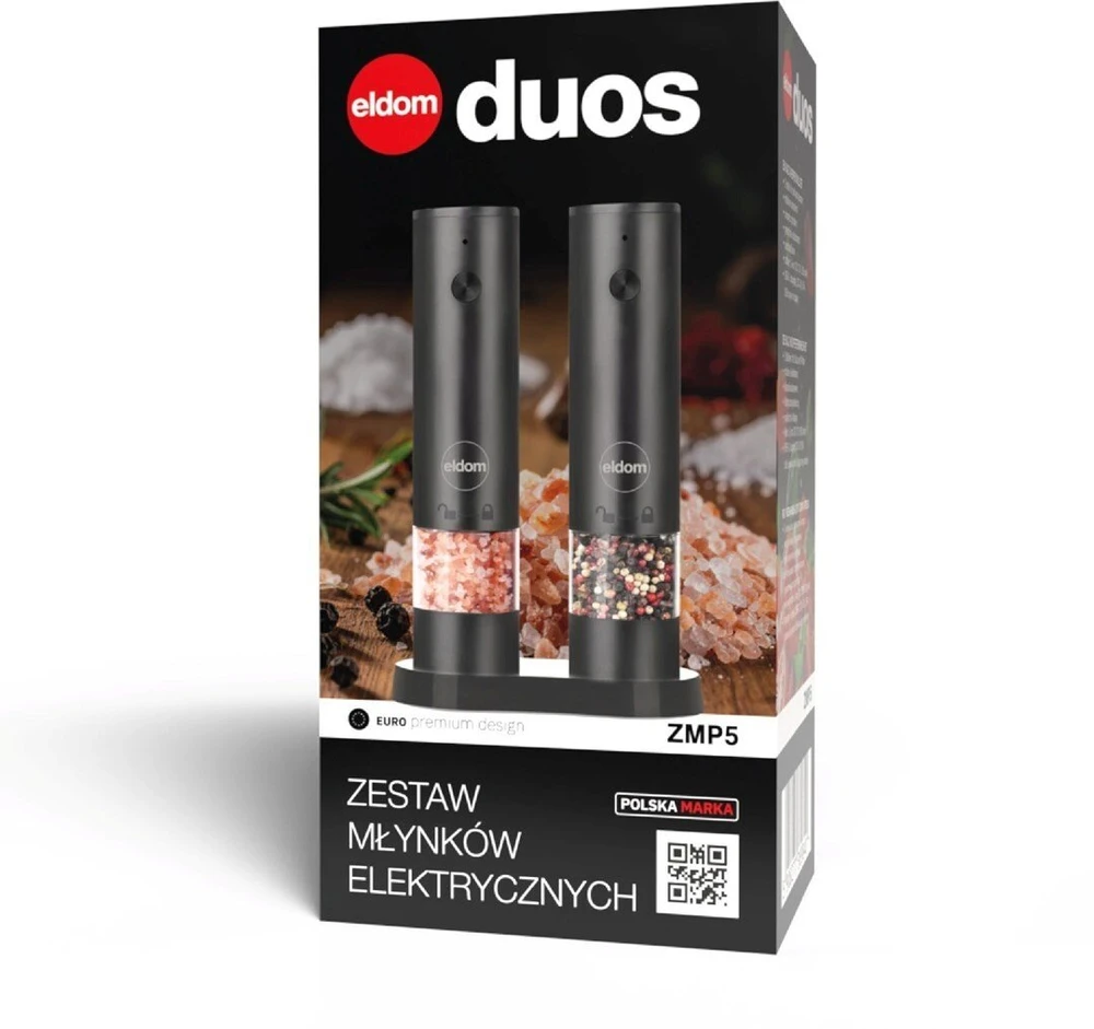 ELDOM ZMP5 BATTERY-POWERED PEPPER AND SALT GRINDER SET WITH STAND, Juodas