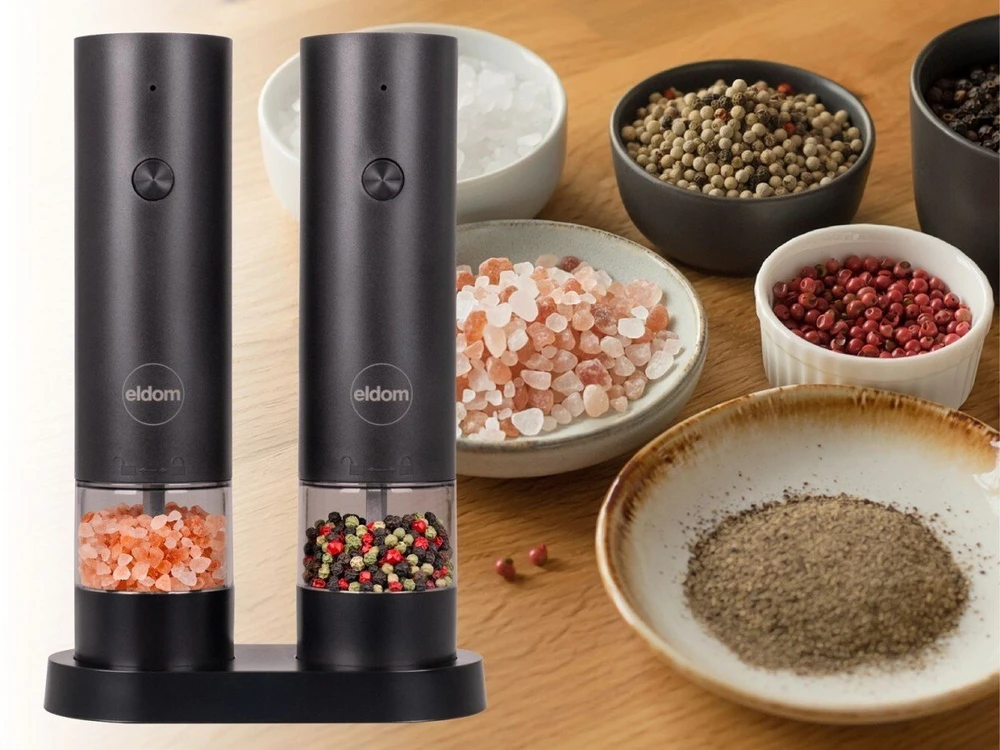 ELDOM ZMP5 BATTERY-POWERED PEPPER AND SALT GRINDER SET WITH STAND, Juodas