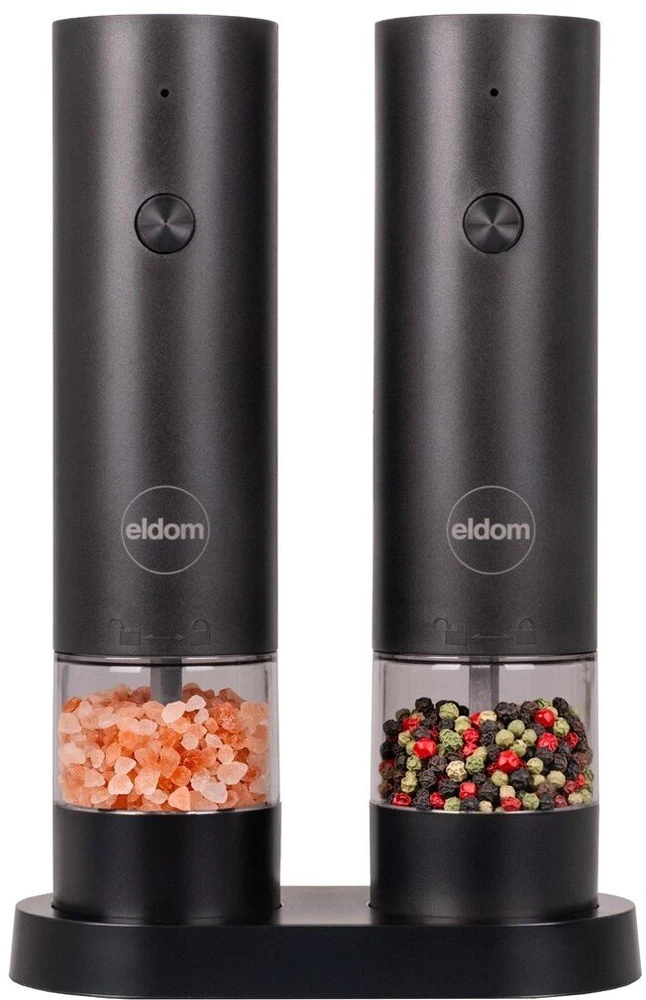 ELDOM ZMP5 BATTERY-POWERED PEPPER AND SALT GRINDER SET WITH STAND, Juodas