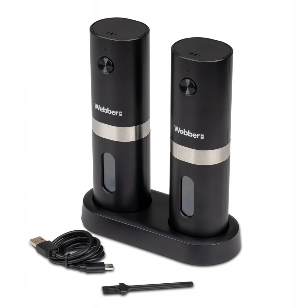 „Webber“ prieskonių malūnėlis, elektrinis pipirų ir druskos malūnėlis, maitinamas baterijomis, USB, 2 vnt., „WEBBER PREMIUM“