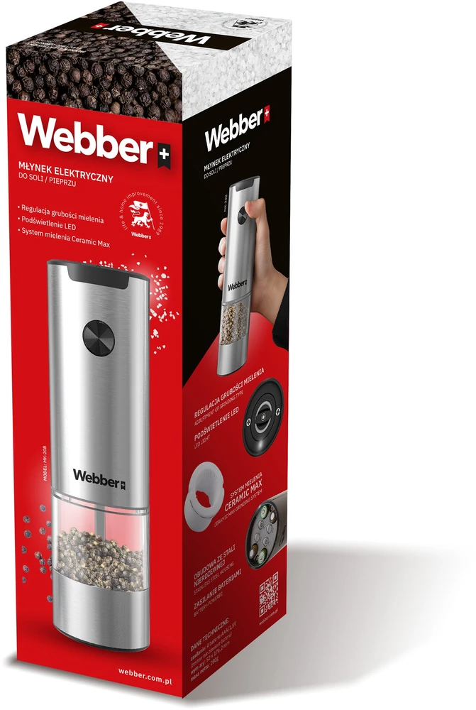 Prieskonių malūnėlis Webber MŁYNEK DO PIEPRZU LUB SOLI ELEKTRYCZNY na BATERIE MŁYNEK