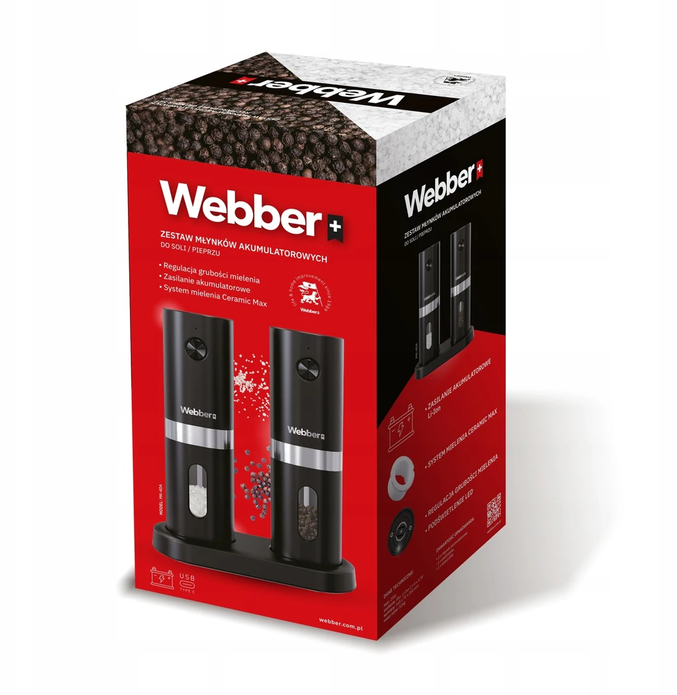 „Webber“ prieskonių malūnėlis, elektrinis pipirų ir druskos malūnėlis, maitinamas baterijomis, USB, 2 vnt., „WEBBER PREMIUM“