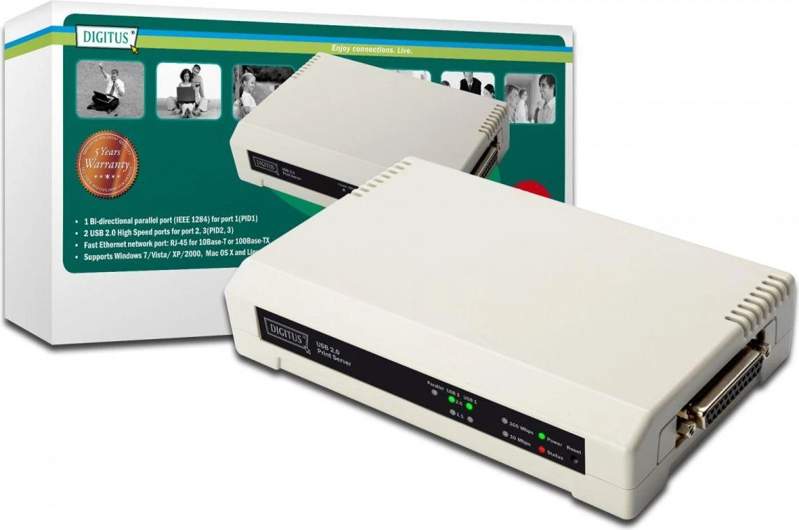 Assmann Electronic DIGITUS greito eterneto spausdinimo serveris 2+1port 2xUSB2.0 1xparallel 1xRJ-45 su maitinimo šaltiniu
