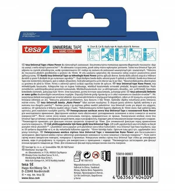 Dvipusė lipni juosta Tesa Universal, dvipusė, 3 m x 3 cm