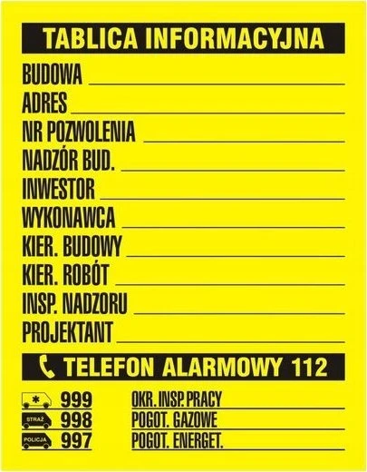 Statybvietės informacinė lentelė su pagalbos numeriais