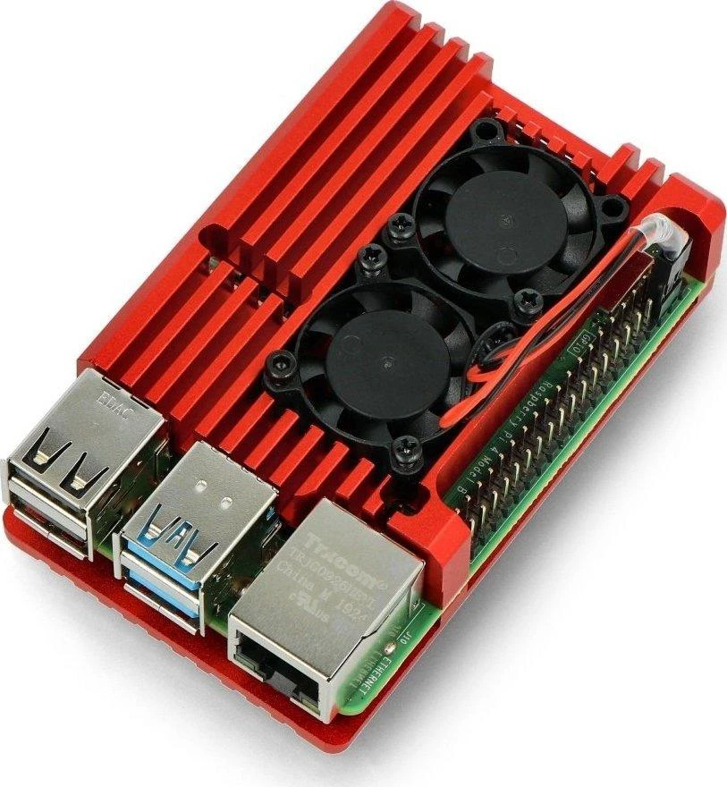 Justpi Oem Raspberry Pi 4B aliumininis radiatorius su dviem ventiliatoriais - dėžutė raudonos spalvos