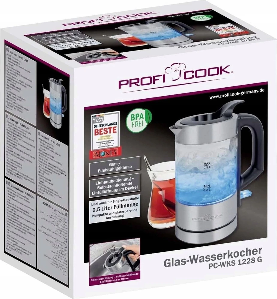 Profi Cook ProfiCook PC-WKS 1228 G electric virdulys 0.5 L 1100 W Nerūdijantis plienas, Transparent