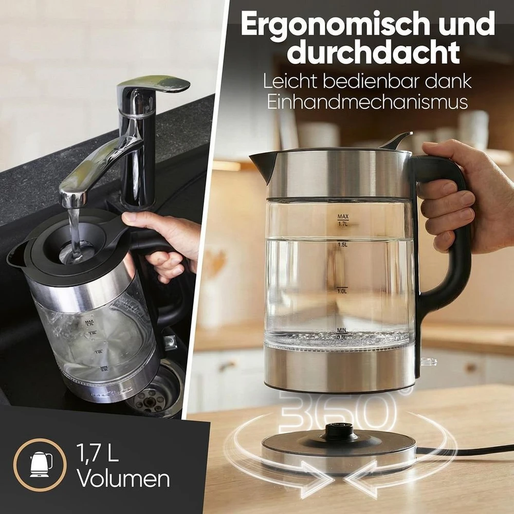 Profi Cook ProfiCook PC-WKS 1322 G electric virdulys 1.7 L 2200 W Sidabrinis, Juodas, Transparent