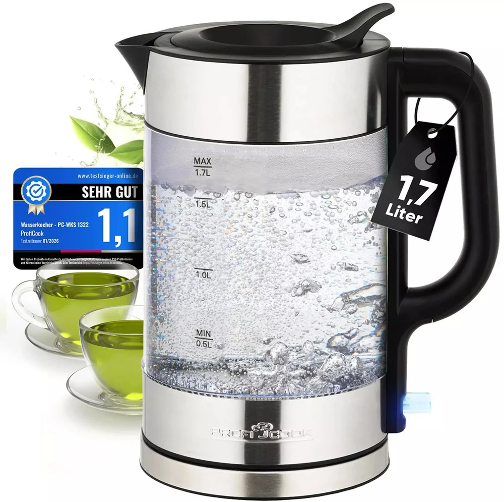 Profi Cook ProfiCook PC-WKS 1322 G electric virdulys 1.7 L 2200 W Sidabrinis, Juodas, Transparent