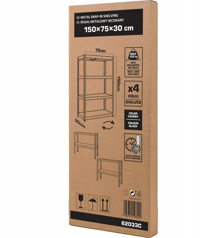 Profix Lentyna Presuojama metalinė lentyna, 4 lentynos, 1500 × 750 × 300 mm, 100 kg, juoda