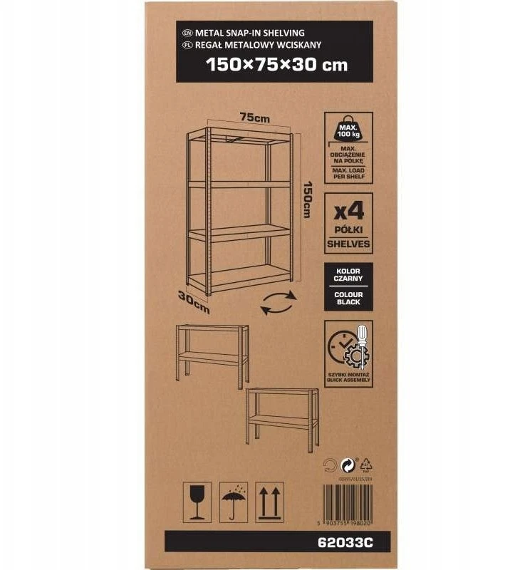 Profix Lentyna Presuojama metalinė lentyna, 4 lentynos, 1500 × 750 × 300 mm, 100 kg, juoda