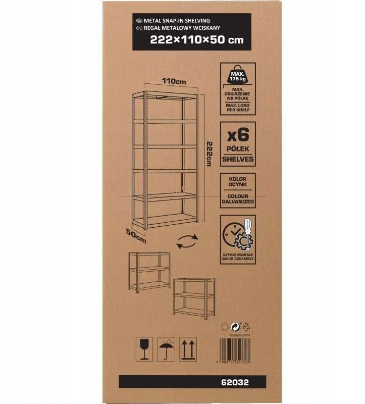 Regał Lentyna Presuojama metalinė lentynų sistema, 6 lentynos, 2220 × 1100 × 500 mm, 175 kg, cinkuota
