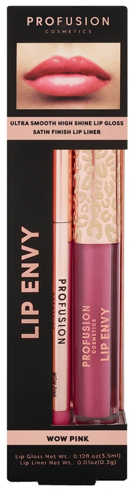 Set Profusion Cosmetics: Lip Envy Wow Rožinė lūpų blizgis 3,5 ml + Lip Envy Wow Rožinė lūpų kontūro pieštukas 0,3 g