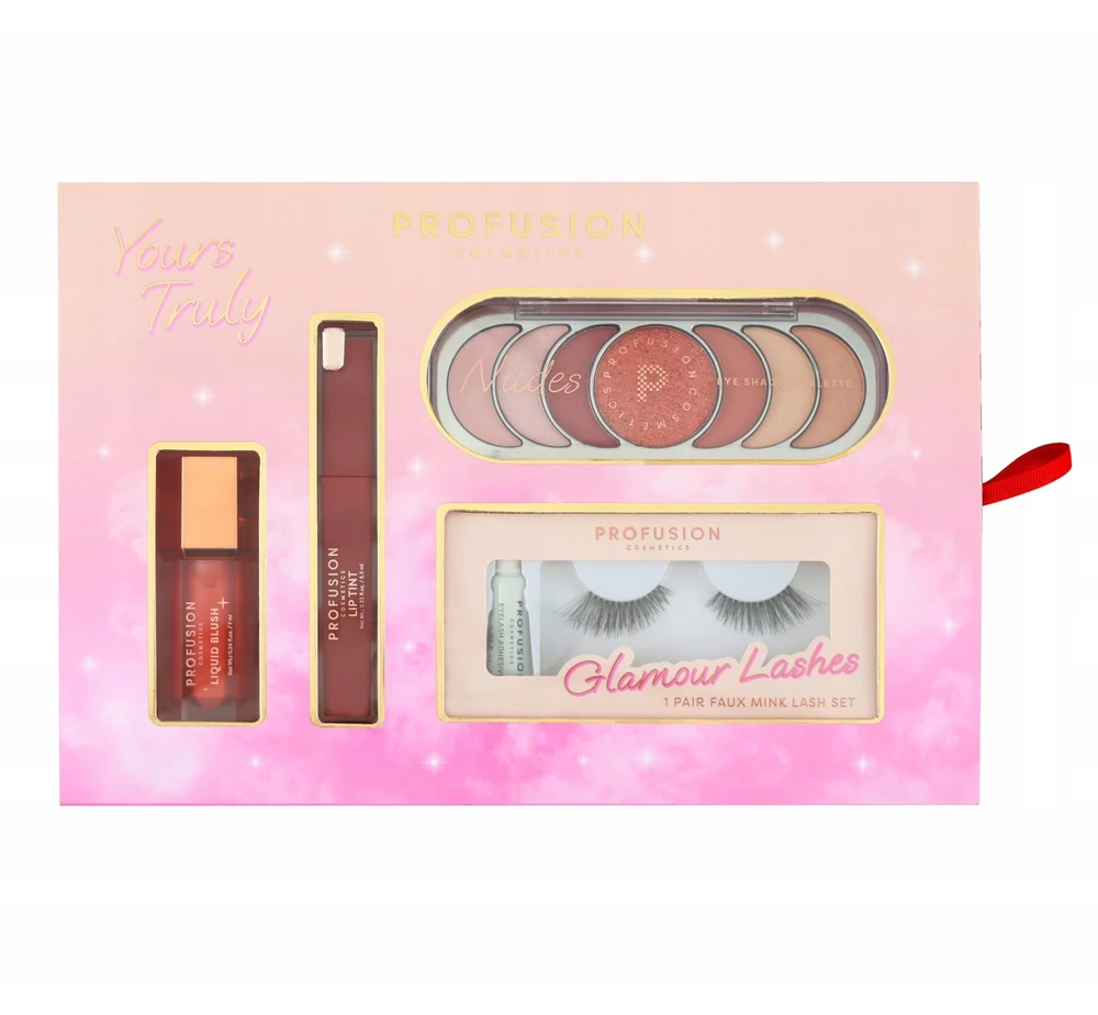 Set Profusion Cosmetics: Liquid Blush Liquid Blush, 7 ml + Lip Tint Liquid Lipstick 6.5 ml + Nudes Eyeshadow Palette 7 Shades, 11 g + Glamour Lashes False Blakstienos, 2 vnt.
