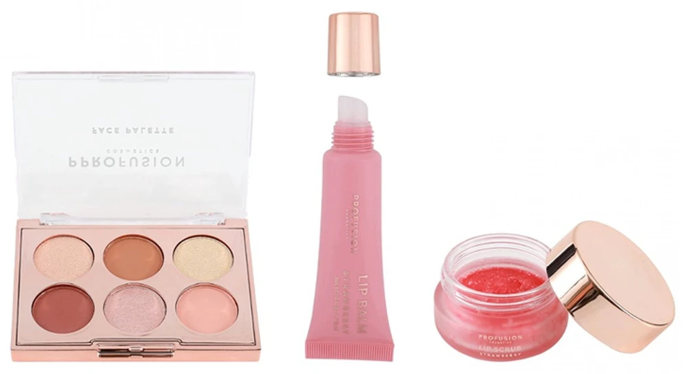 Set Profusion Cosmetics: Nudes Eyeshadow Palette 6 Shades, 9 g + Strawberry Hydrating Lūpų balzamas, 12 ml + Strawberry Lip Scrub, 15 g