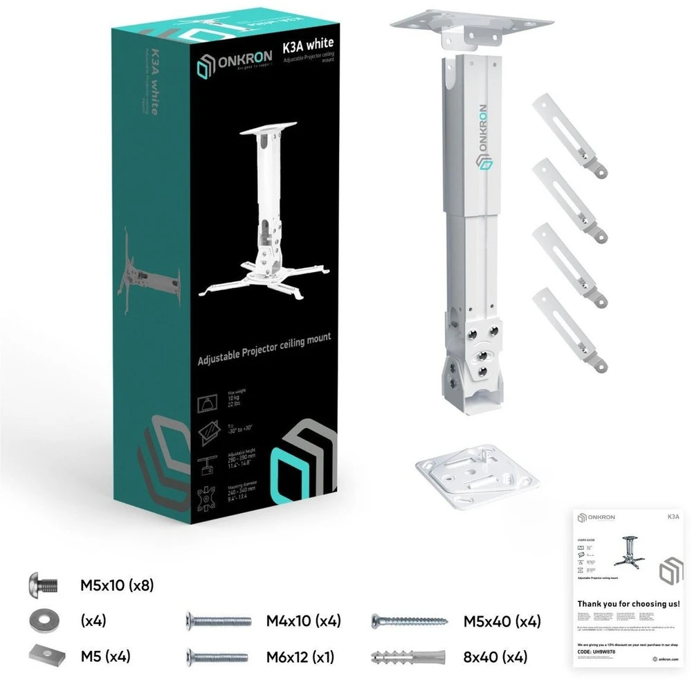 ONKRON Projektorius Mount Ceiling Adjustable Bracket iki 22 lbs Projectors, Baltas