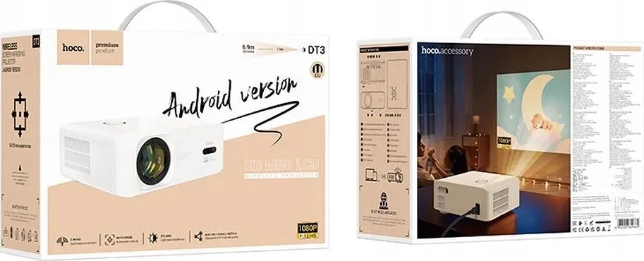 Projektorius „Full HD Hoco“ su „Android“ programine įranga, „Wi-Fi“, „Bluetooth“, 1080P, DT3 baltas