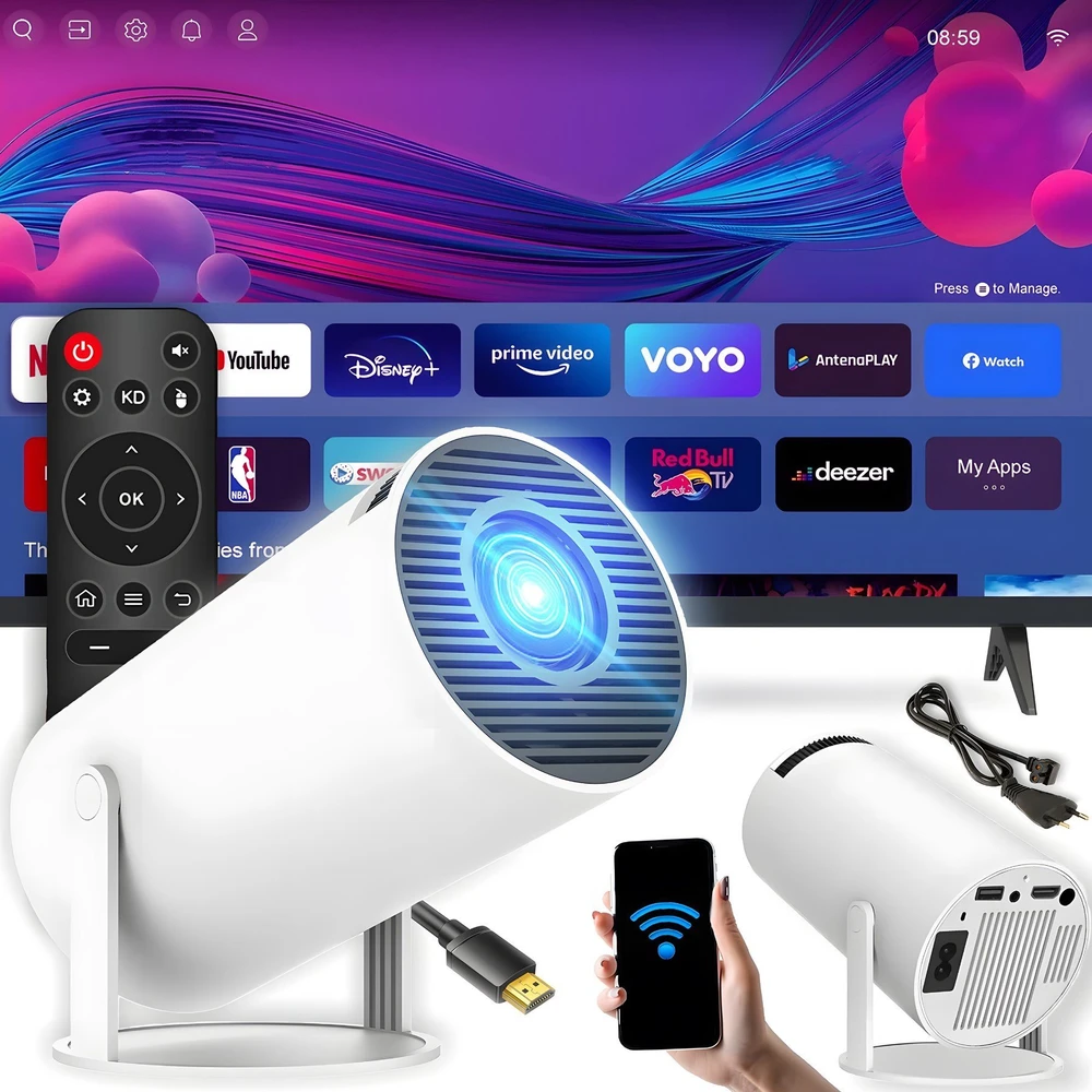 Projektorius „Android TV Wi-Fi Full HD“ nešiojamas išmanusis rotacinis garsiakalbis