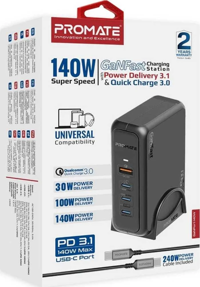 „Promate GaNPort-140W GaNFast™“ įkrovimo stotelė 140 W / USB-C PD 3.1 / QC3.0