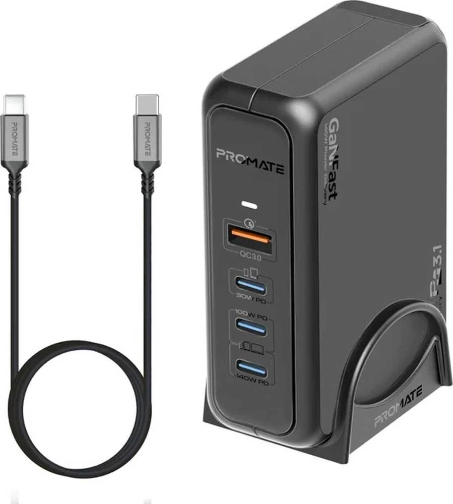„Promate GaNPort-140W GaNFast™“ įkrovimo stotelė 140 W / USB-C PD 3.1 / QC3.0
