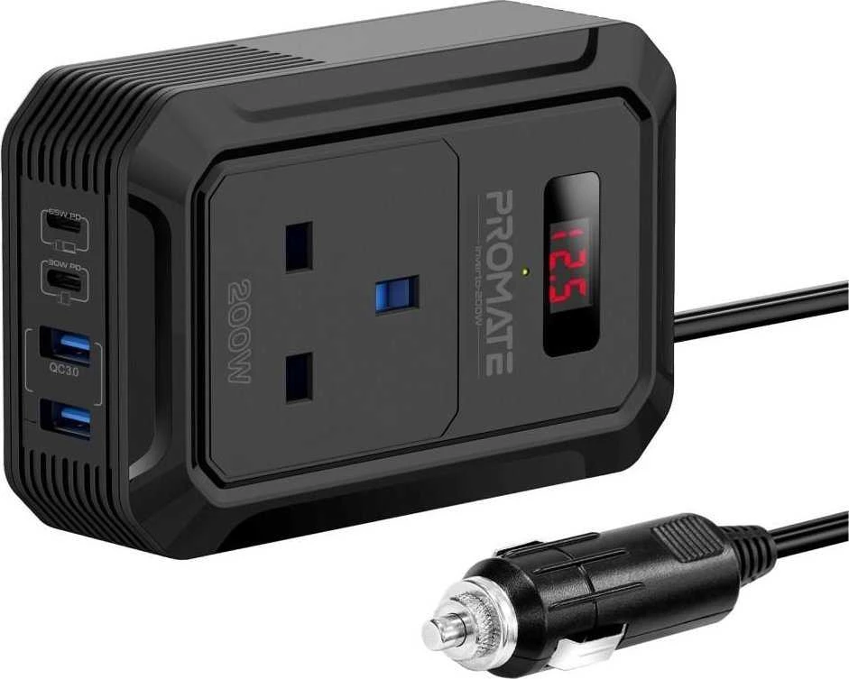 „Promate Inverto-200W“ automobilio keitiklis DC-AC 11–17 V 200 W / USB-C PD65 W