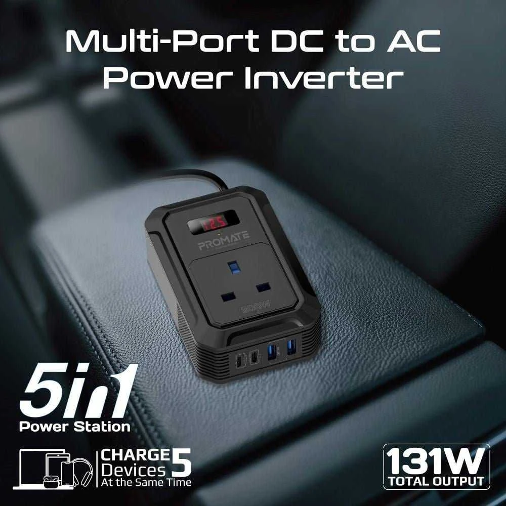 „Promate Inverto-200W“ automobilio keitiklis DC-AC 11–17 V 200 W / USB-C PD65 W
