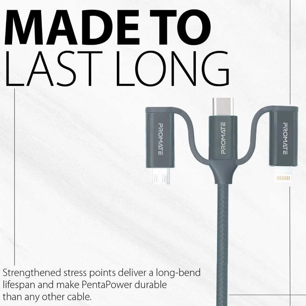 „Promate PentaPower“ universalus laidas 6 viename USB-C(A) / micro / Lightning / 1,2 m