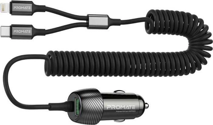 „Promate PowerDrive-33PDCI“ automobilinis įkroviklis 33 W / USB-C / „Lightning“