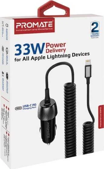 „Promate PowerDrive-33PDI“ automobilinis įkroviklis 33 W / „Lightning“ + USB-C