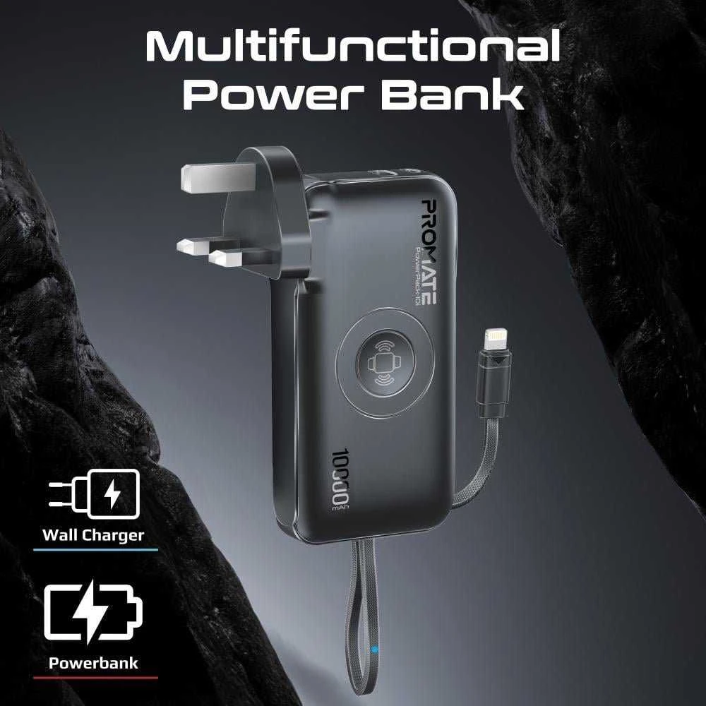 „Promate PowerPack-10i“ įkroviklis-išorinė baterija 22 W / 10000 mAh / USB-C / QC3.0 / iWatch 2,5 W / 220 V ES/JAV/JK