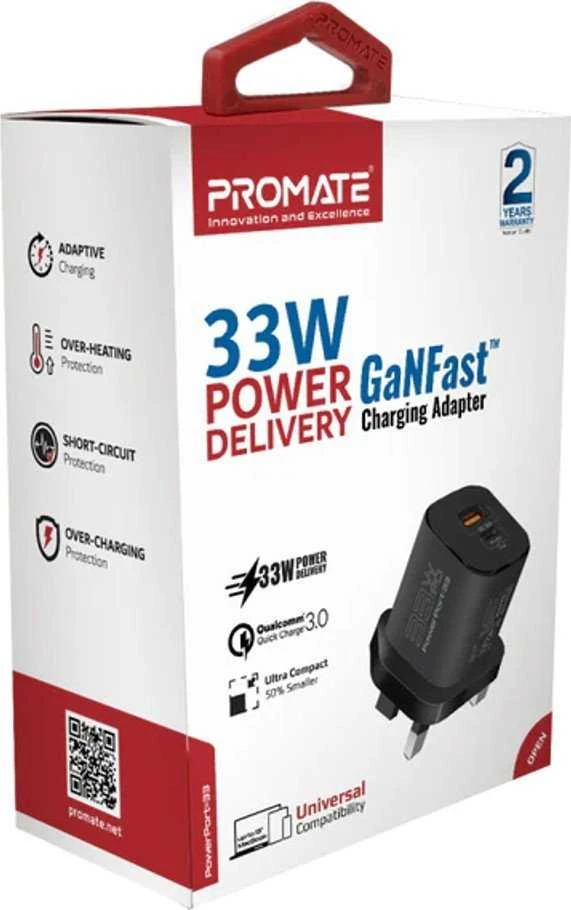 PROMATE PowerPort-33 GaNFast įkroviklio adapteris 33W / USB-C PD / USB-A