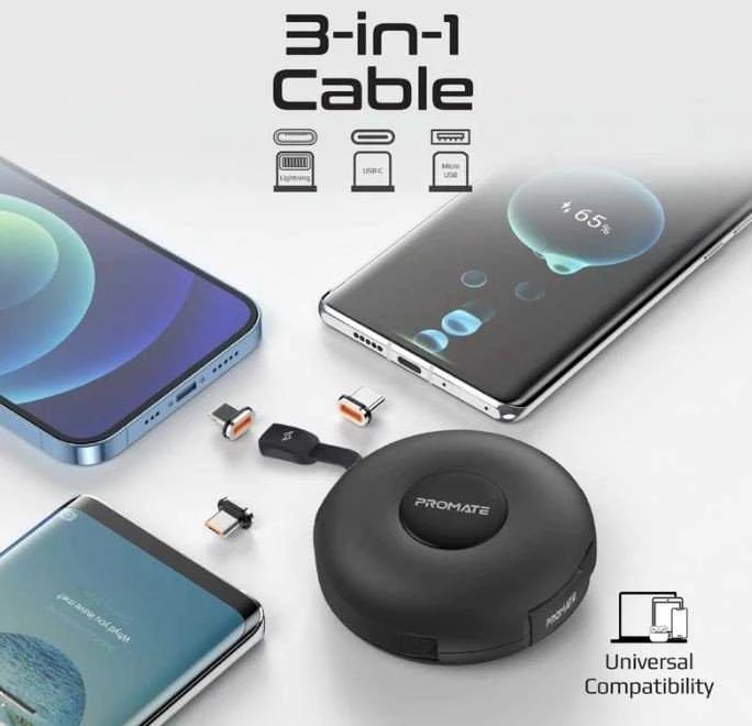 PROMATE Quiver sulankstomas magnetinis laidas USB-C į USB-C / Lightning / microUSB / 1m ID