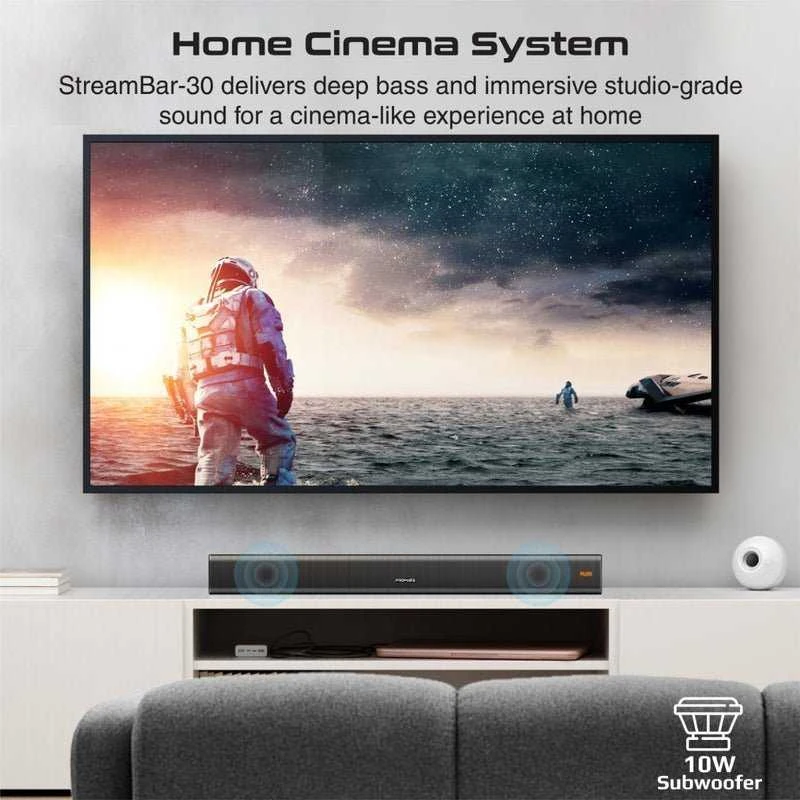 Namų kino sistema „Promate StreamBar30 BassBoost“ garso juosta su žemųjų dažnių garsiakalbiu
