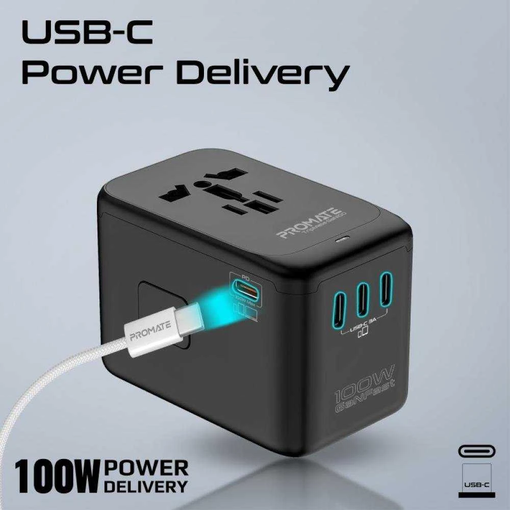„Promate TripMate-GaN100 GaNFast™“ kelių prievadų sieninis įkroviklis, 100 W / ES/JAV/JK/AU