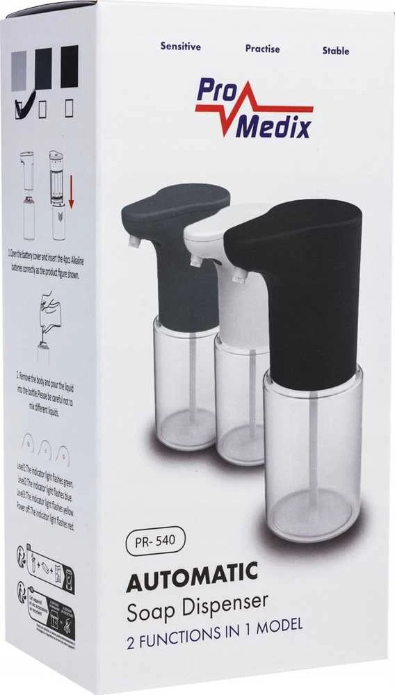 Promedix automatic dispenser, dispenser container for liquid soaps, disinfectant liquids, 300ml, 4xAA, baltas, PR-540 W