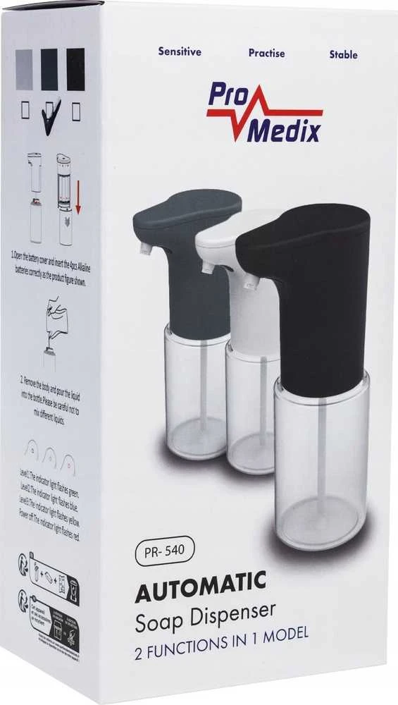 Promedix automatic dispenser, dispenser container for liquid soaps, disinfectant liquids, 300ml, 4xAA, pilkas, PR-540 GR