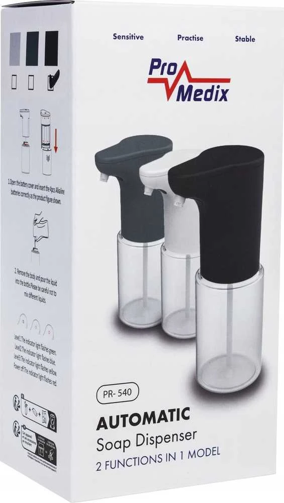 Promedix automatic dispenser, dispenser container for liquid soaps, disinfectant liquids, 300ml, 4xAA, juodas, PR-540 B