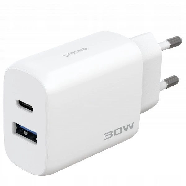 PROOVE Įkroviklis Tinklo įkroviklis 230v 30w USB-C USB Type-c + USB Kabelis 1m 60w USB-C / Wcsp23011002 / Silicone Power 2 / Balta