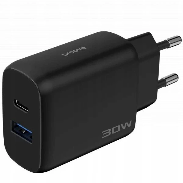 „PROOVE“ įkroviklis, tinklo įkroviklis 230 V, 30 W, USB-C, USB Type-C + USB kabelis 1 m, 60 W, USB-C / Wcsp23011001 / Silicone Power 2 / Juodas