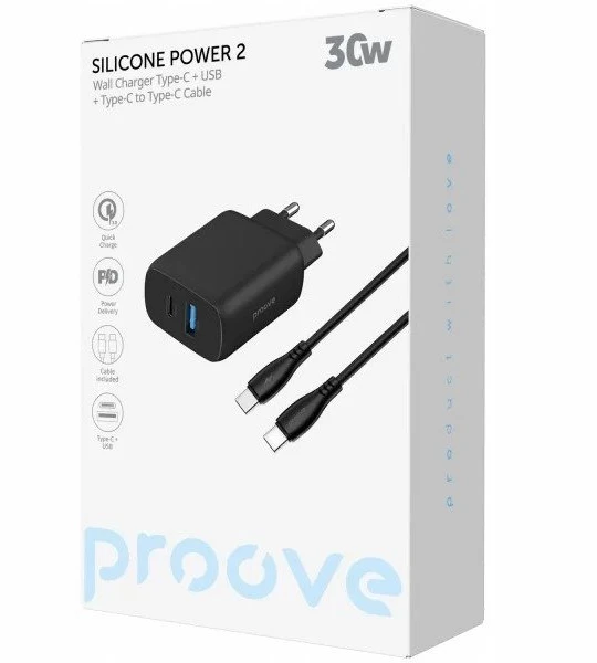 „PROOVE“ įkroviklis, tinklo įkroviklis 230 V, 30 W, USB-C, USB Type-C + USB kabelis 1 m, 60 W, USB-C / Wcsp23011001 / Silicone Power 2 / Juodas